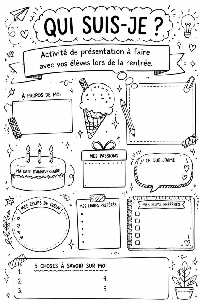 Activité de présentation en classe, élèves jouant au jeu 'Qui suis-je ?'