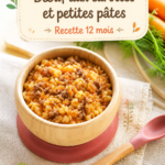 Bœuf aux carottes et petites pâtes dans une assiette blanche, plat réconfortant et coloré.