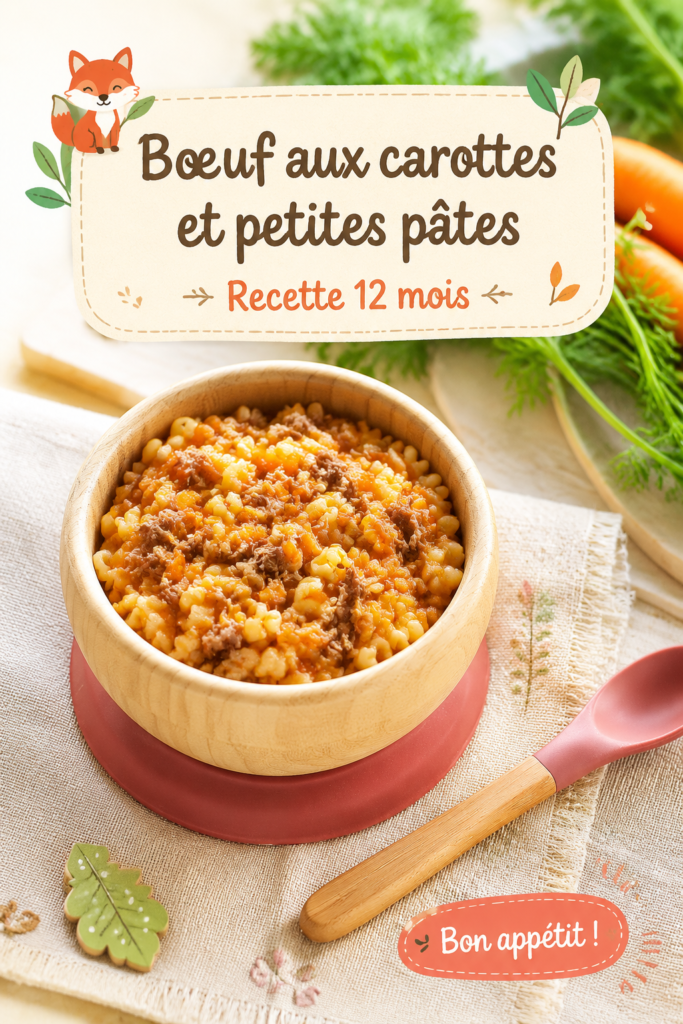 Bœuf aux carottes et petites pâtes dans une assiette blanche, plat réconfortant et coloré.