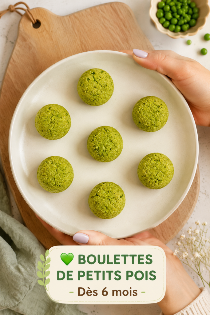 Boulettes de petits pois pour bébé dans un bol, prêtes à être servies