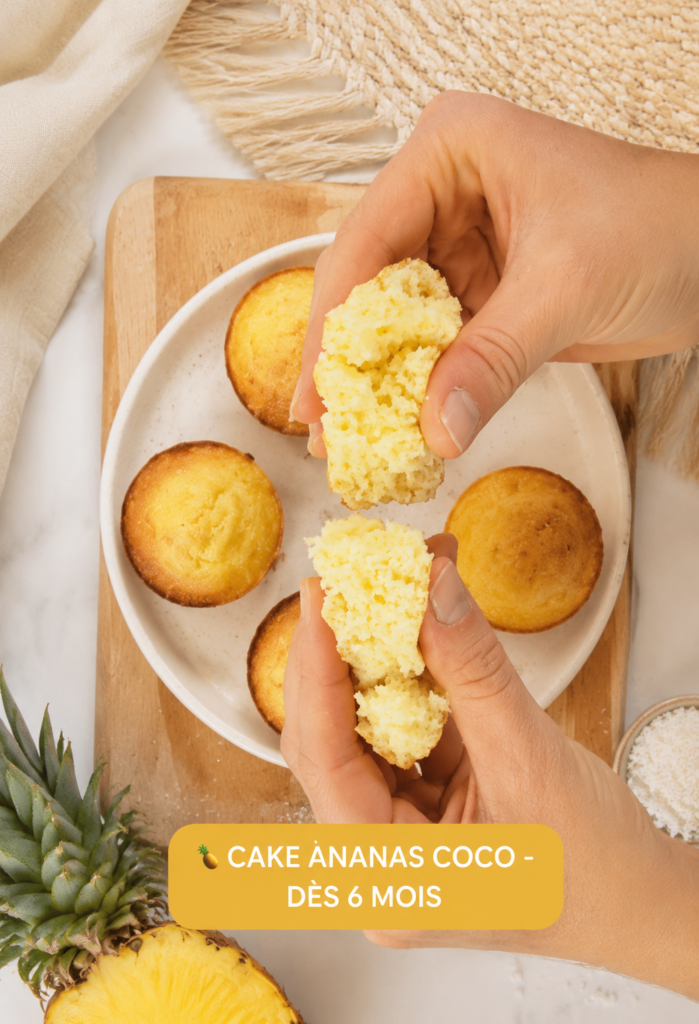 Cake à l'ananas et coco idéal pour bébés à partir de 6 mois, décoré de tranches d'ananas.