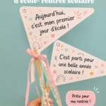 Un fanion coloré avec le nom d'un enfant pour le premier jour d'école, décoré de dessins d'étoiles et de crayons