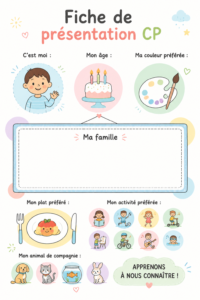 Exemple de fiche de présentation pour le CP avec une mise en page claire et colorée.