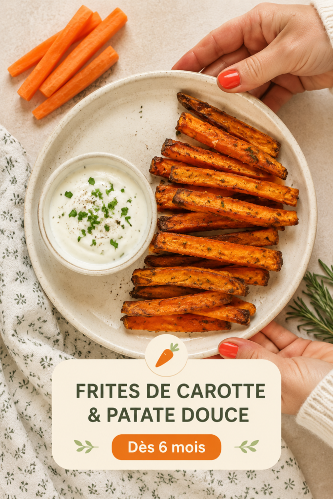 Assiette de frites de carotte et patate douce pour bébé, avec des légumes colorés en accompagnement.