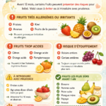 Une sélection de fruits avec des étiquettes indiquant ceux à éviter pour les bébés de moins d'un an.