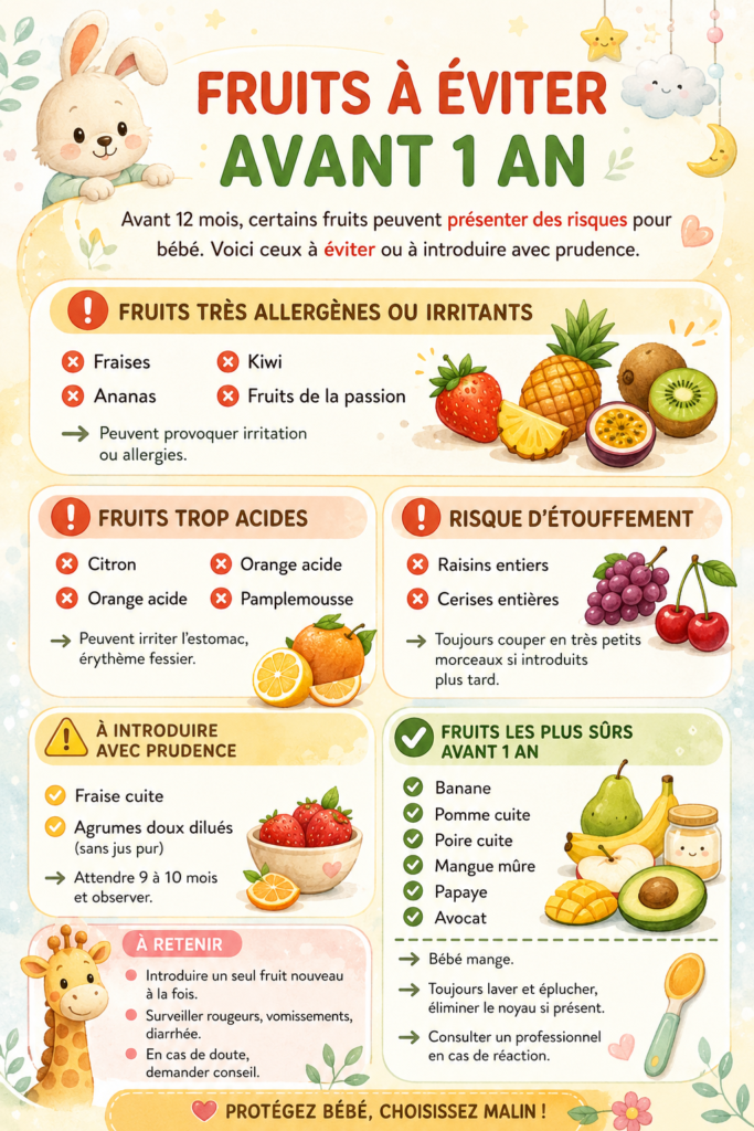 Une sélection de fruits avec des étiquettes indiquant ceux à éviter pour les bébés de moins d'un an.
