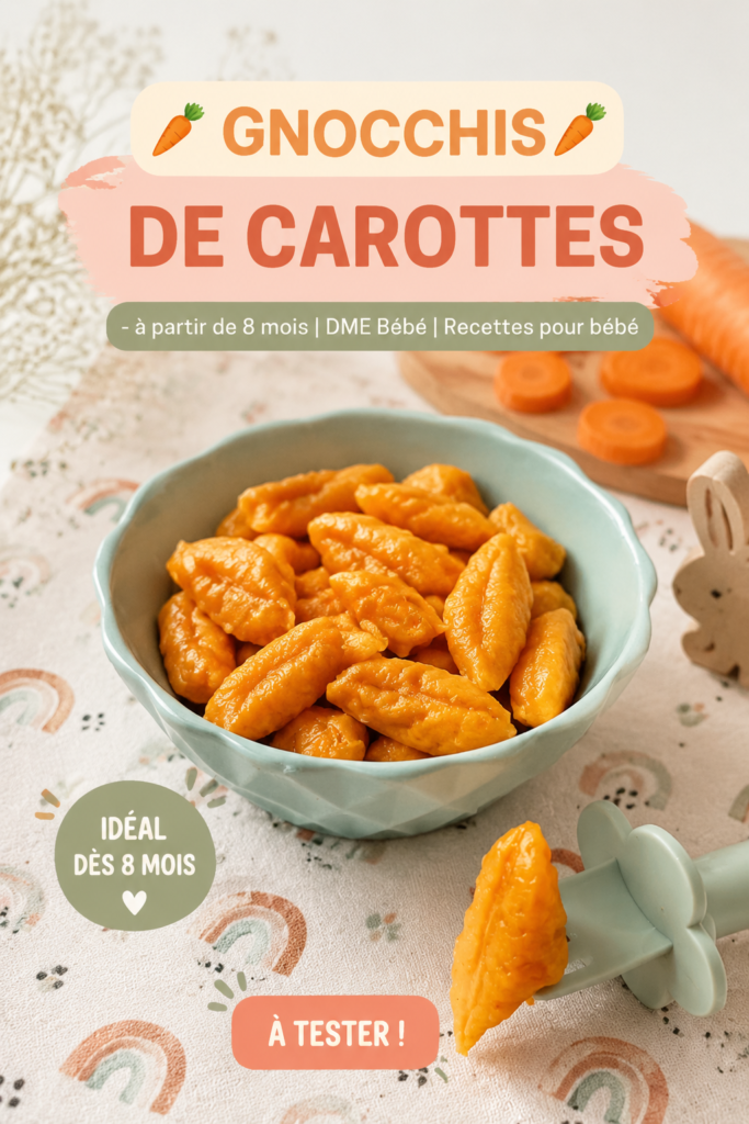Des gnocchis de carottes faits maison sur une assiette, présentés pour un bébé.