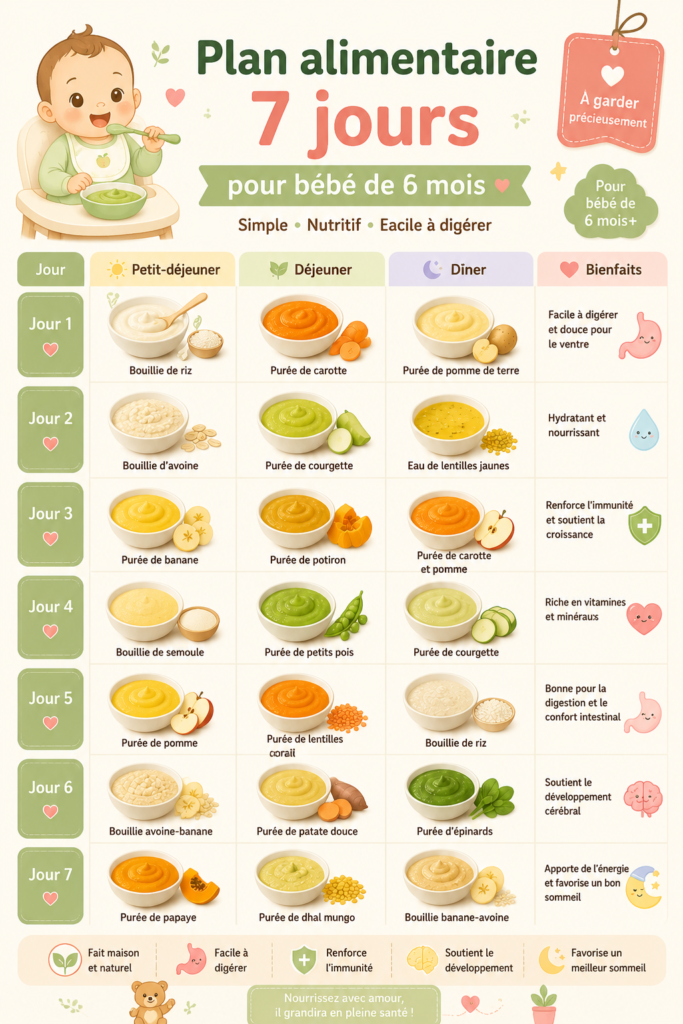 Repas sain pour un bébé de 6 mois, avec purée de légumes et fruits