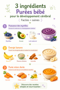 Purées de fruits et légumes sains pour bébés favorisant le développement cognitif.