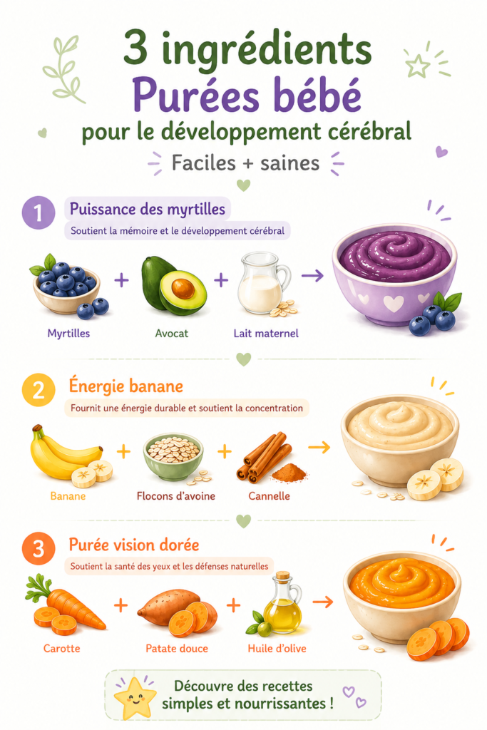 Purées de fruits et légumes sains pour bébés favorisant le développement cognitif.