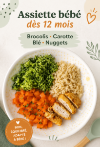 Assiette colorée de brocoli, carottes, blé et nuggets pour bébé