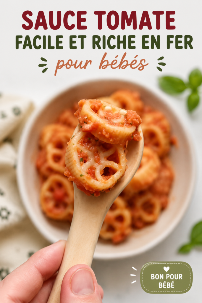 Sauce de pâtes riche en fer prête pour les bébés, dans un bol coloré.