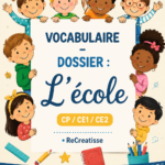 Image d'un classeur sur le vocabulaire pour les élèves du CP à CE2, contenant divers outils pédagogiques.