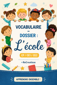 Image d'un classeur sur le vocabulaire pour les élèves du CP à CE2, contenant divers outils pédagogiques.