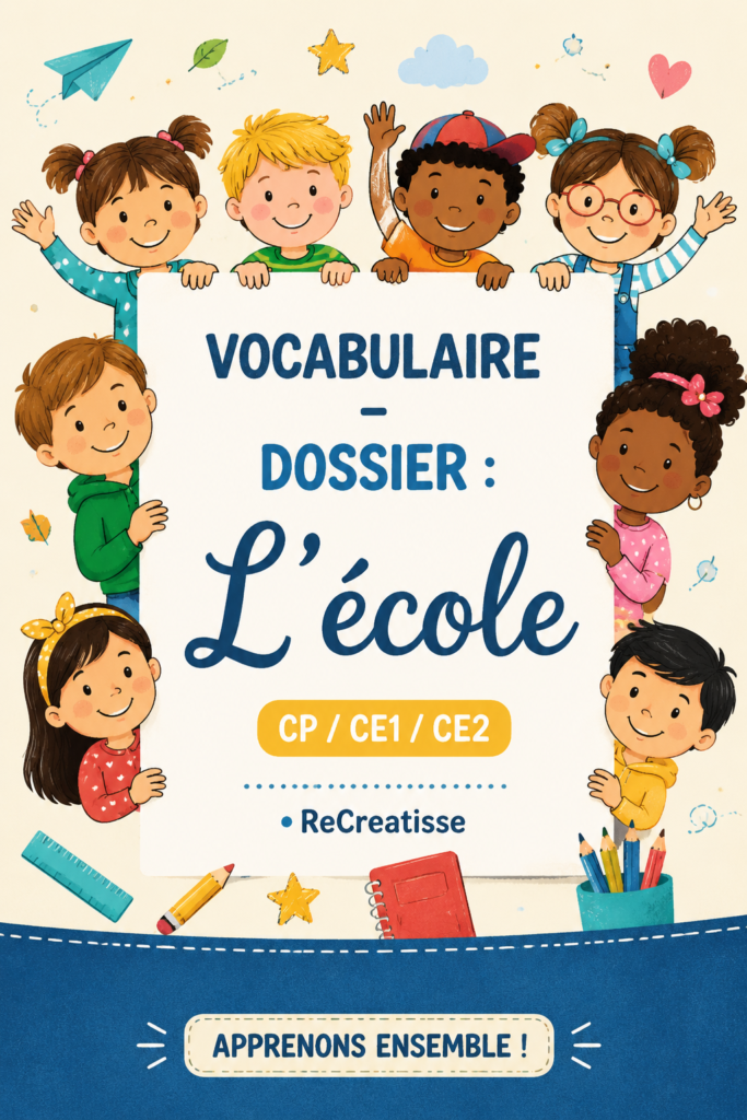 Image d'un classeur sur le vocabulaire pour les élèves du CP à CE2, contenant divers outils pédagogiques.