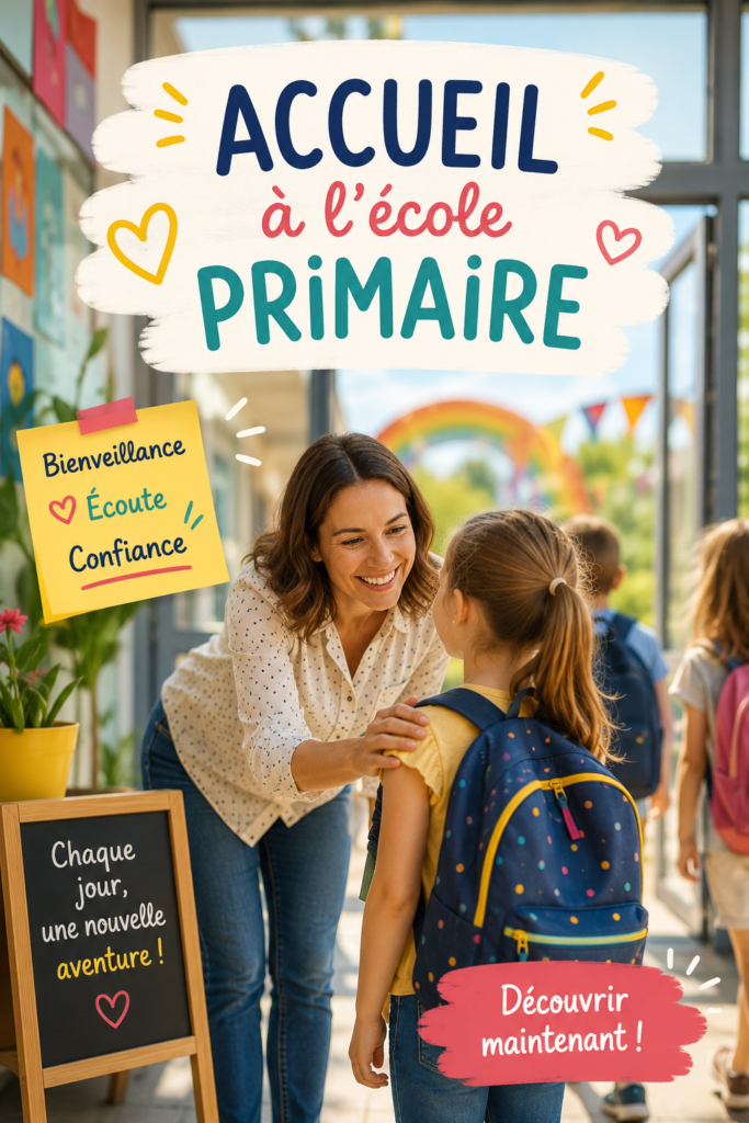 Enfants découvrant leur nouvelle école primaire, accueillis avec enthousiasme.