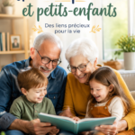 Un grand-père joue aux cartes avec son petit-fils dans un jardin ensoleillé.