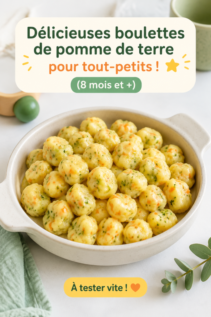 Boulettes de légumes et pommes de terre servies sur une assiette colorée pour enfants.
