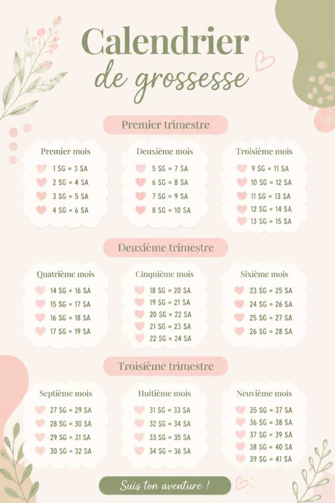 Calendrier de grossesse illustré avec les semaines et étapes clés.