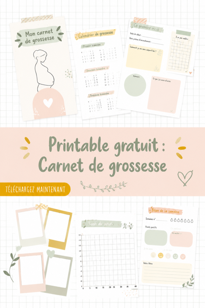 Carnet de grossesse gratuit à imprimer sur fond pastel avec des éléments de décoration.