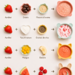 Des collations saines pour bébé à base de fraises sur une table.