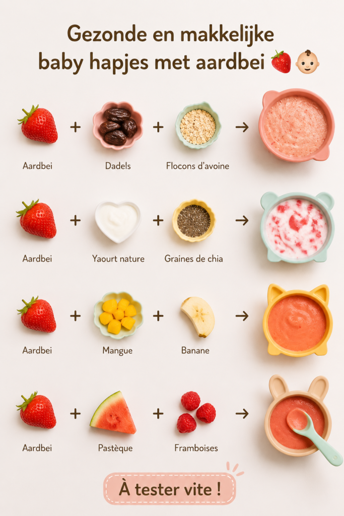 Des collations saines pour bébé à base de fraises sur une table.