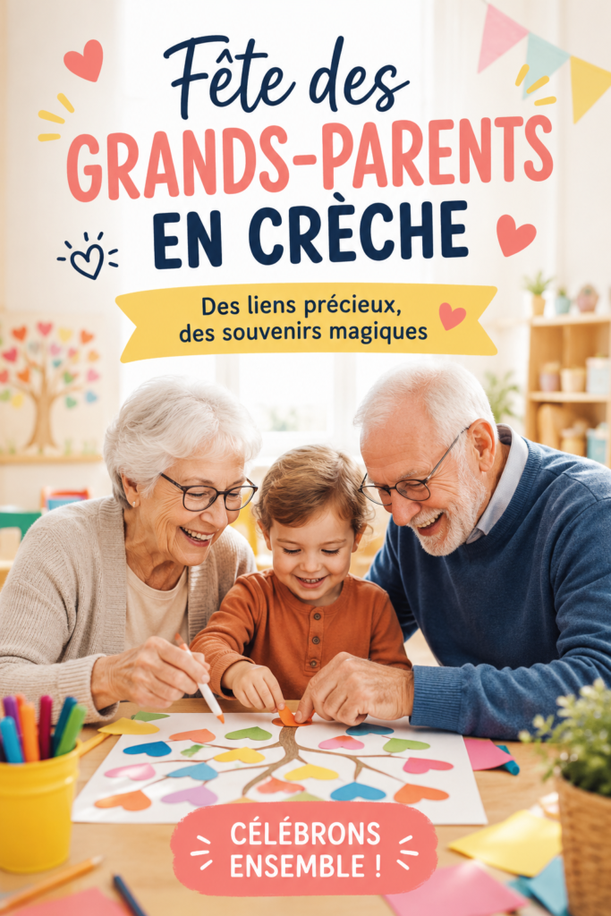 Un groupe d'enfants et de grands-parents célébrant ensemble lors de la fête des grands-parents en crèche.