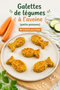 Une assiette de galettes de légumes à l'avoine pour bébé, garnies de légumes colorés.