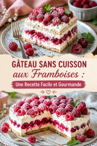 Gâteau aux framboises sans cuisson dans un plat élégant