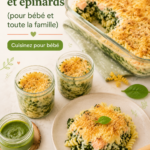 Gratin de pâtes au saumon et épinards dans un plat de cuisson en céramique