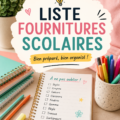 Liste de fournitures scolaires sur une table avec des stylos, un cahier et une trousse