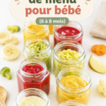 Un menu sain et équilibré pour un bébé de 6 à 8 mois avec des purées colorées.