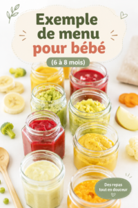 Un menu sain et équilibré pour un bébé de 6 à 8 mois avec des purées colorées.