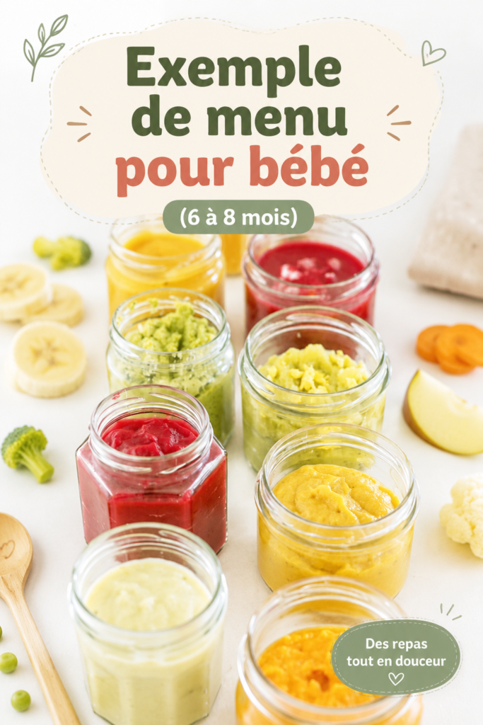 Un menu sain et équilibré pour un bébé de 6 à 8 mois avec des purées colorées.