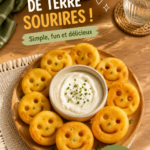 Pommes de terre souriantes sur une assiette colorée, décorées de légumes.