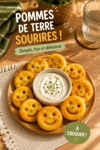 Pommes de terre souriantes sur une assiette colorée, décorées de légumes.