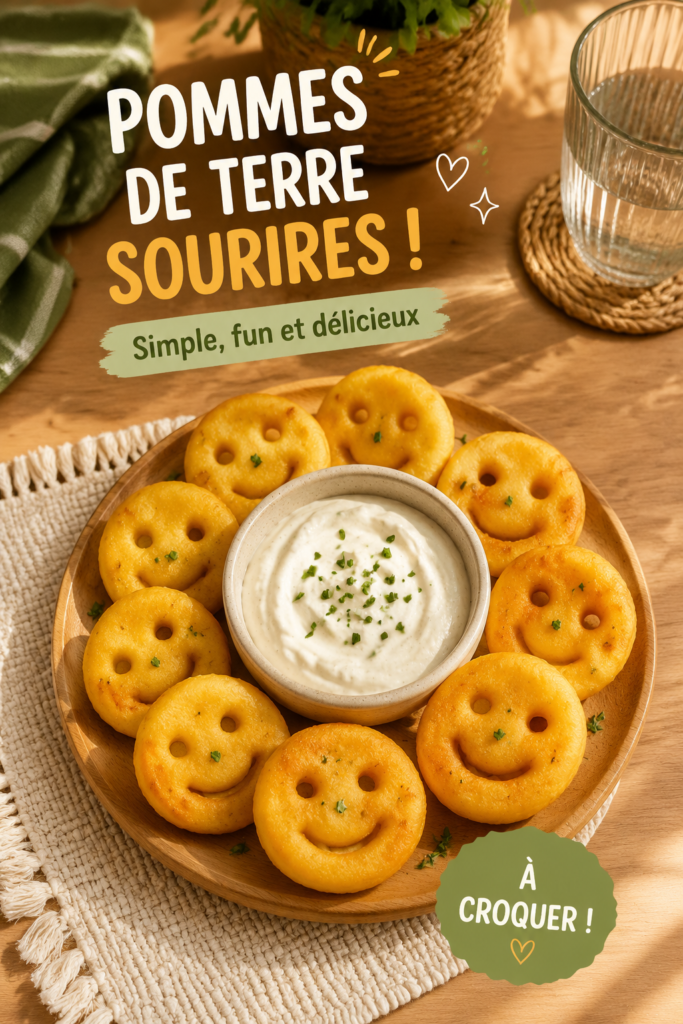 Pommes de terre souriantes sur une assiette colorée, décorées de légumes.