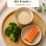 Plat de saumon et riz pour bébé de 8 mois, prêt à être servi.
