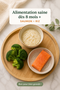 Plat de saumon et riz pour bébé de 8 mois, prêt à être servi.