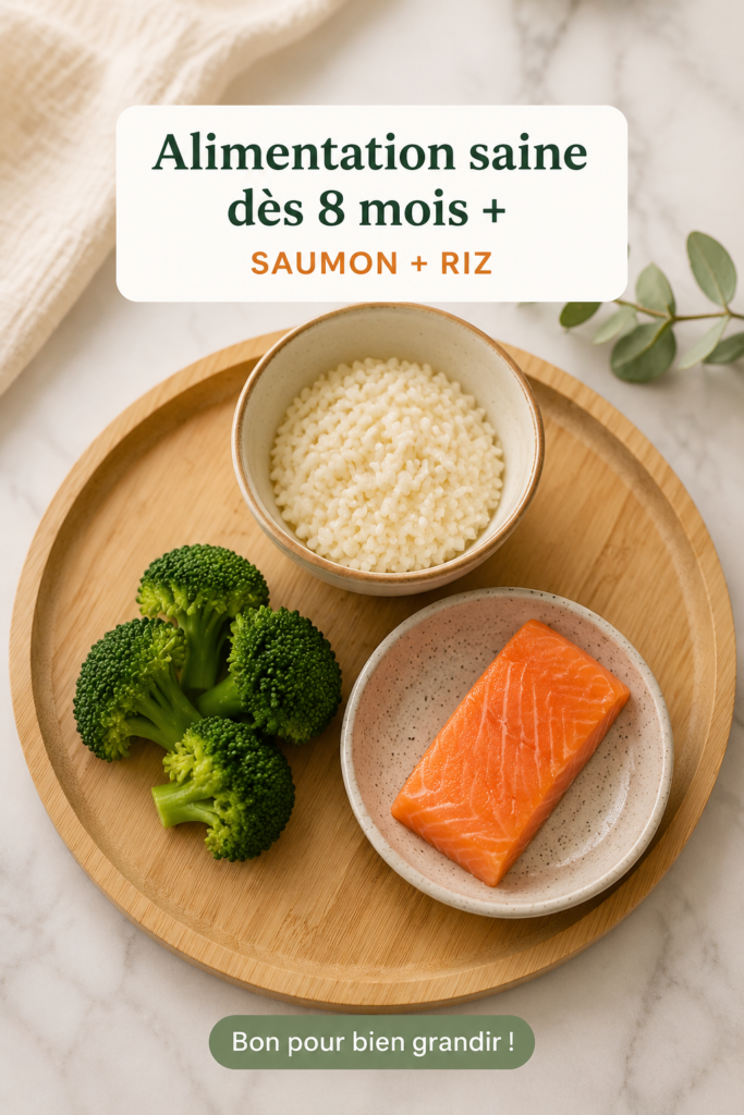 Plat de saumon et riz pour bébé de 8 mois, prêt à être servi.
