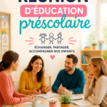 Illustration d'une réunion d'éducation préscolaire avec des adultes en discussion autour d'une table