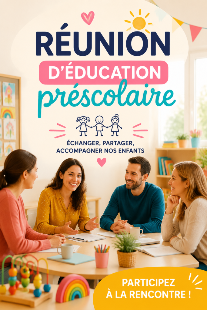 Illustration d'une réunion d'éducation préscolaire avec des adultes en discussion autour d'une table