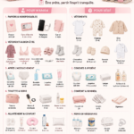 Sac de maternité bien préparé avec essentiels pour maman et bébé, incluant vêtements et articles de soin.