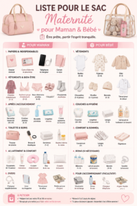 Sac de maternité bien préparé avec essentiels pour maman et bébé, incluant vêtements et articles de soin.