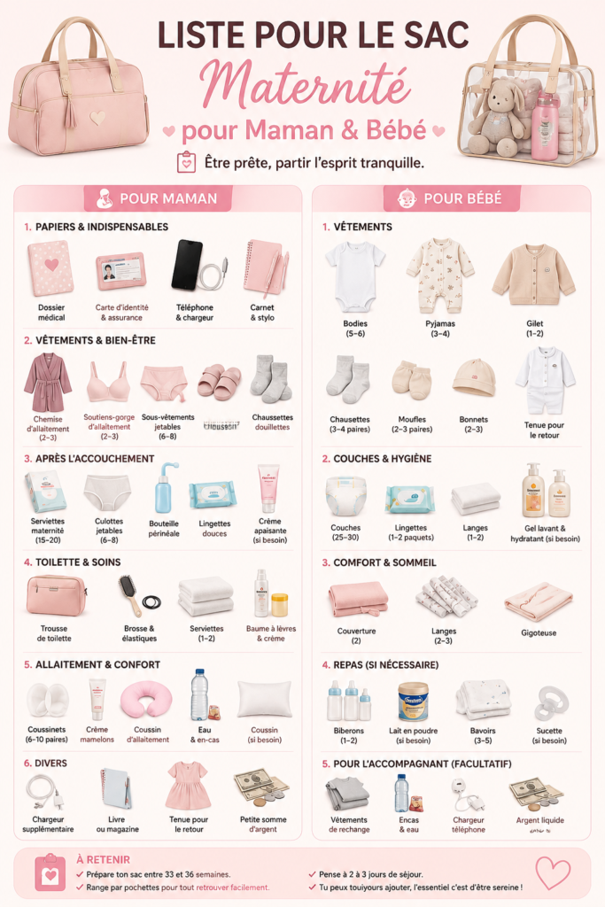 Sac de maternité bien préparé avec essentiels pour maman et bébé, incluant vêtements et articles de soin.