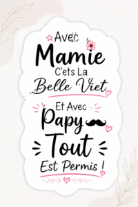 Un sticker humoristique décorant un mur avec une citation drôle sur le rapport grand-parent-enfant.