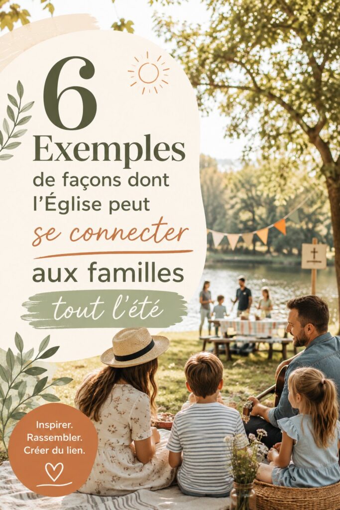 Une image de familles participant à une activité estivale organisée par une église, partageant des moments de joie ensemble.