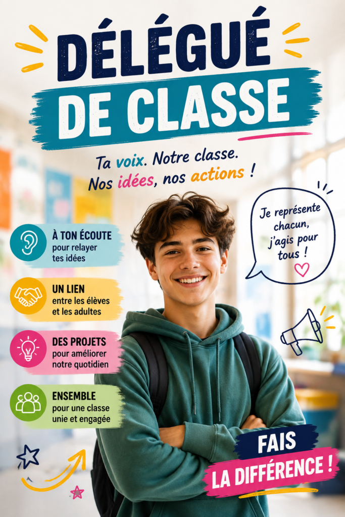 Affiche délégué de classe personnalisée avec des dessins colorés et un texte clair