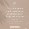 Image d'une maman méditant avec des affirmations positives en arrière-plan