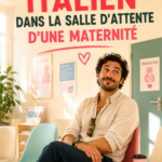 Image humoristique illustrant les surprises en maternité, avec un couple souriant dans une salle d'attente.